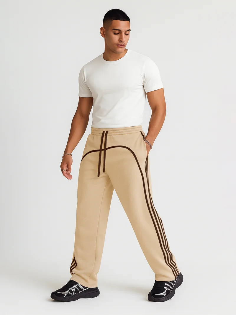 Maniac  Maniac Mens Side Stripe Biscuit and Brown Cotton Baggy Fit Trackpant for Men | Best Price UAE