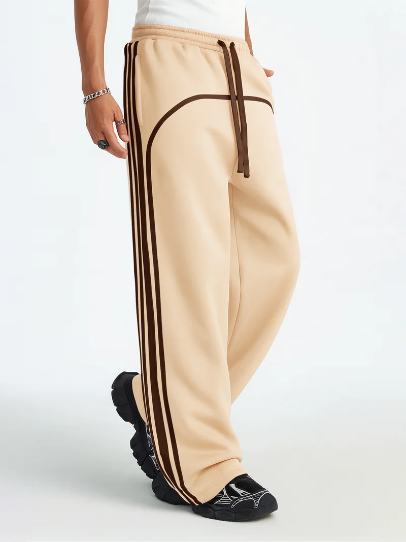 Maniac Maniac Mens Side Stripe Biscuit and Brown Cotton Baggy Fit Trackpant