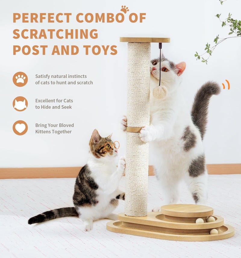 MADE 4 PETS Made4Pets Cat Scratching Post Cat Scratcher Kitten Toys for Indoor Cats Wooden Ball Track Two-Layer Modern Sisal 23.4" Tall Scratch Post Interactive Toy with Dangling Ball Middle Size - Image 2
