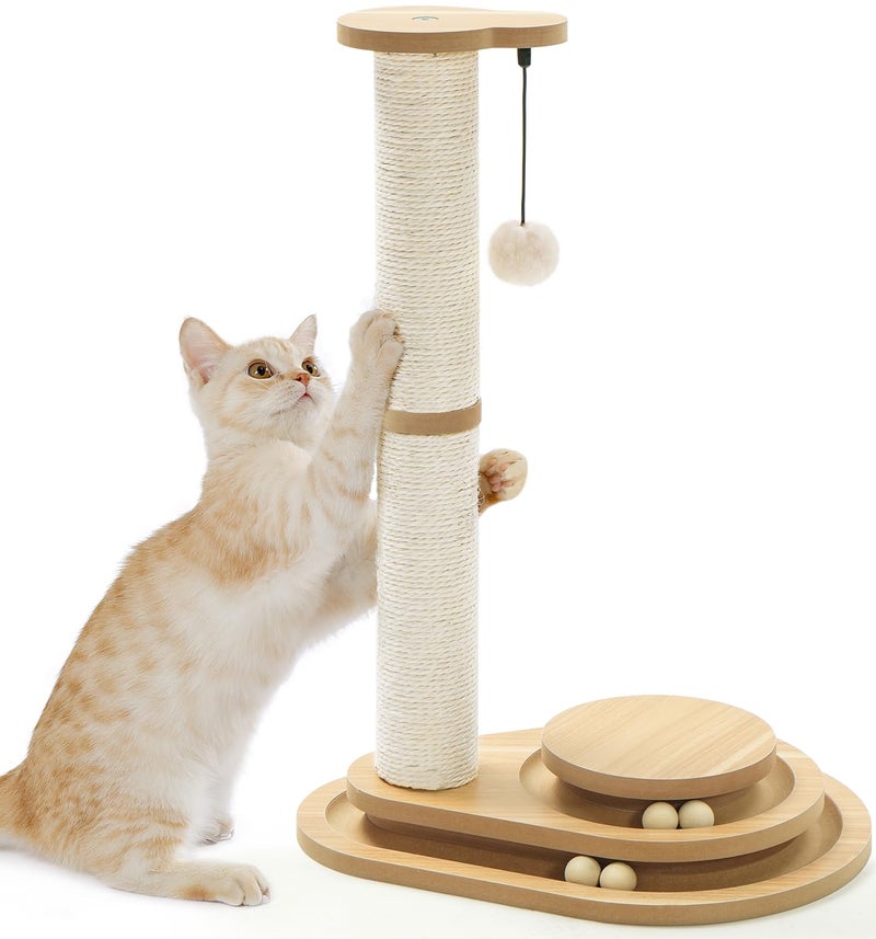 MADE 4 PETS Made4Pets Cat Scratching Post Cat Scratcher Kitten Toys for Indoor Cats Wooden Ball Track Two-Layer Modern Sisal 23.4" Tall Scratch Post Interactive Toy with Dangling Ball Middle Size - Image 1