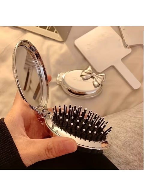 [Portable Hair Comb] Portable Folding Mini Hair Comb with Mirror, Nylon Bristles, ABS Plastic Handle, Bow-Shaped Air Cushion Comb for Women, Travel-Friendly Hair Styling Tool for Normal Hair, Finishing Style