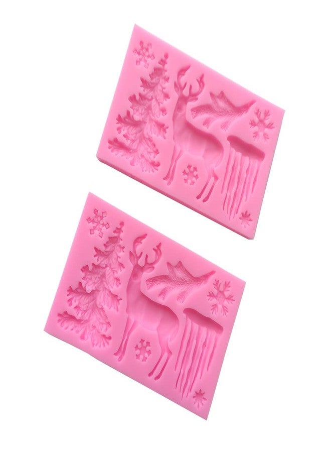 Jilukibo 2 Pack Christmas Deer Fondant Silicone Mold - Animal Elk Snowflake Tree Deer Resin Fondant Silicone Mold for DIY Cookie Cake Chocolate Candy (Pink) - Image 1