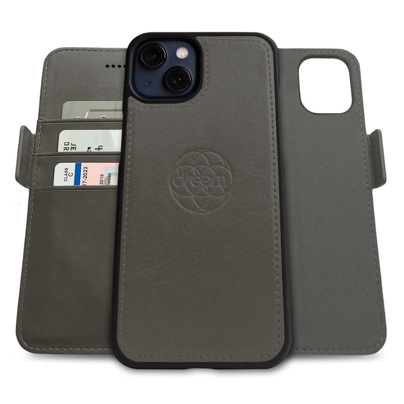 Dreem Fibonacci Wallet Case for iPhone 13 2in1 Detachable Vegan Leather Cover with Builtin KickStand RFID Blocking Card Holder MagSafe Compatible Grey - Image 2