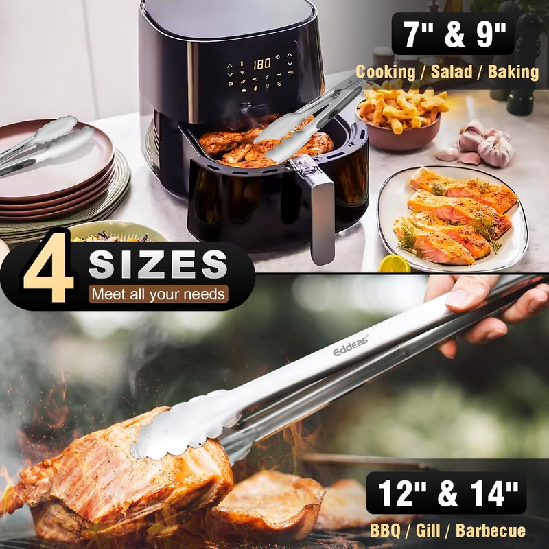 EDDEAS Tongs For Cooking - Heat Resistant 600 Degrees Metal Kitchen Tongs, Heavy Duty Stainless Steel Tongs - Perfect for Food, BBQ Set of 4, 7-9-12 &14 inch Grey - Image 2