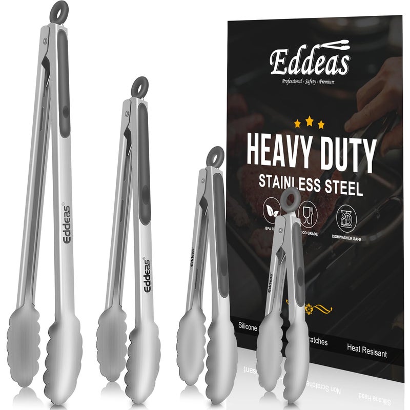 EDDEAS Tongs For Cooking - Heat Resistant 600 Degrees Metal Kitchen Tongs, Heavy Duty Stainless Steel Tongs - Perfect for Food, BBQ Set of 4, 7-9-12 &14 inch Grey - Image 1