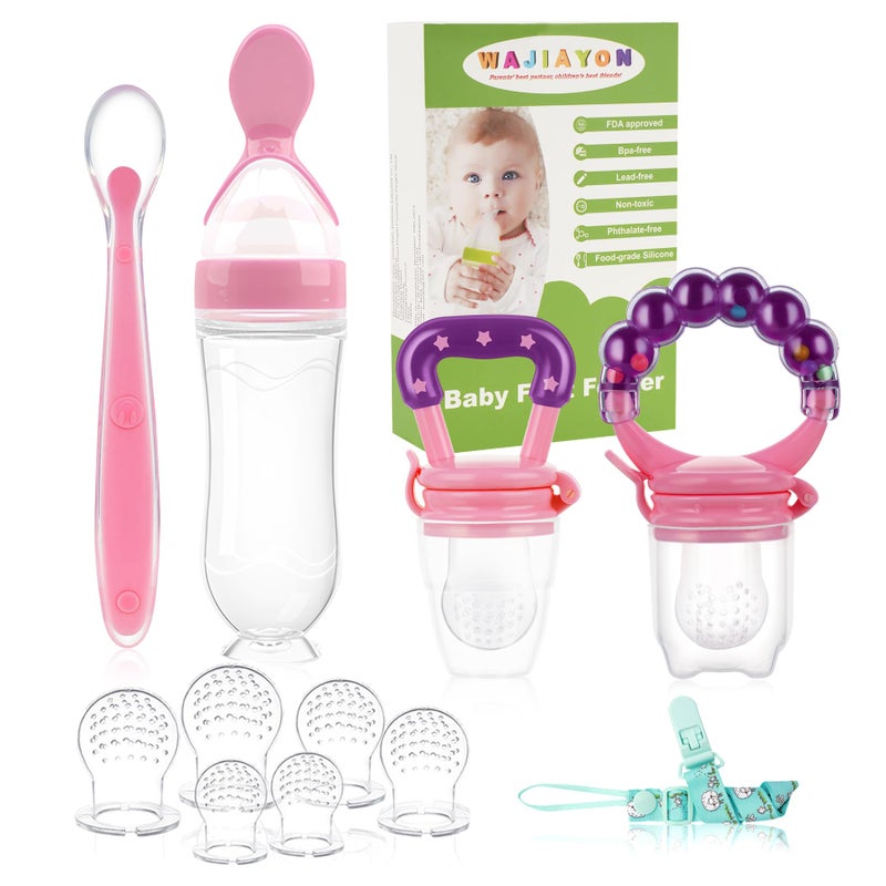 WAJIAYON Baby Fruit Feeder Pacifier - 12 Pack | 2 Baby Fruit Food Feeder Pacifier  1 Baby Food Dispensing Spoon | Fresh Fruit Teethers for Babies | Silicone Feeder Baby,Mesh Baby Feeder (Pink) - Image 1