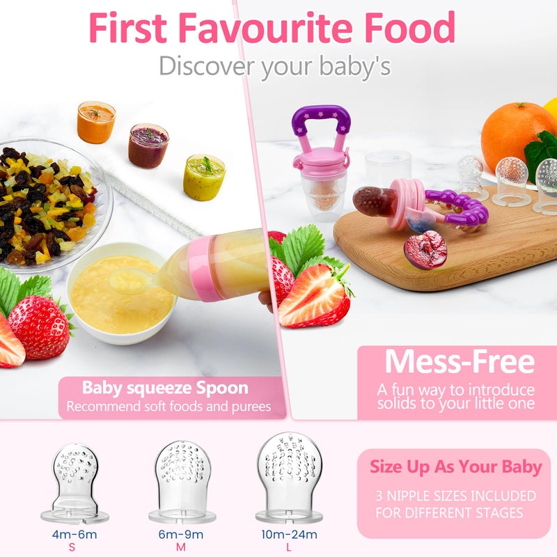 WAJIAYON Baby Fruit Feeder Pacifier - 12 Pack | 2 Baby Fruit Food Feeder Pacifier  1 Baby Food Dispensing Spoon | Fresh Fruit Teethers for Babies | Silicone Feeder Baby,Mesh Baby Feeder (Pink) - Image 2