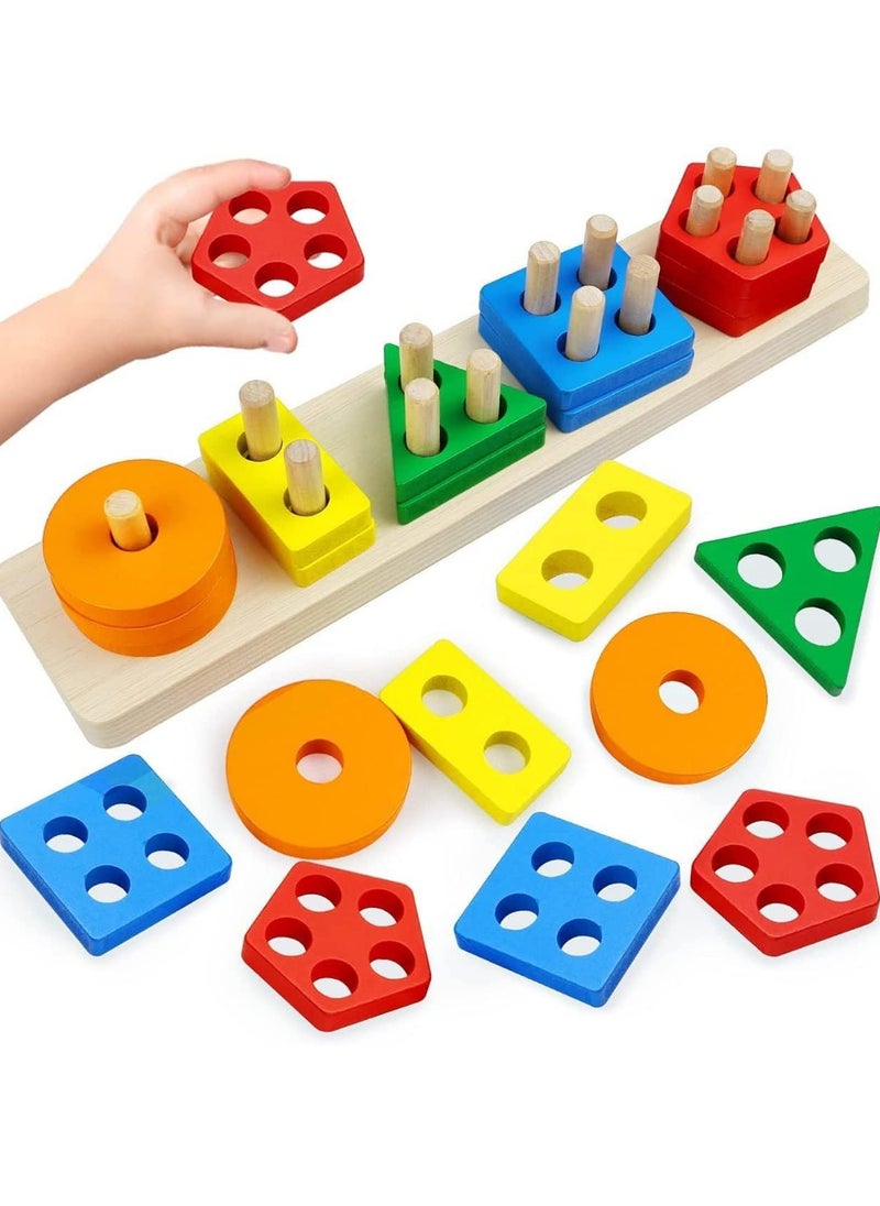 Shopfleet Wooden 5 Shape Sorting & Stacking Toy, Shape Sorter Toys for Toddlers, Multicolor Color Recognition Stacker Toy, Educational & Learning Toys, Boys and Girls Toys