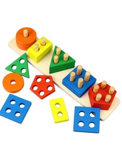 Generic Shopfleet Wooden 5 Shape Sorting & Stacking Toy, Shape Sorter Toys for Toddlers, Multicolor Color Recognition Stacker Toy, Educational & Learning Toys, Boys and Girls Toys  - Image 3