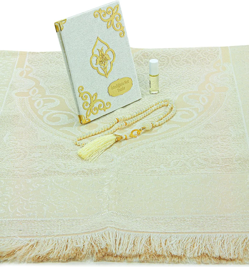 ايهفان اونلاين Gift 4 Piece Mevlid Set Personalized Velvet Covered Yasin, Prayer Rug Set with Prayer Beads - Cream