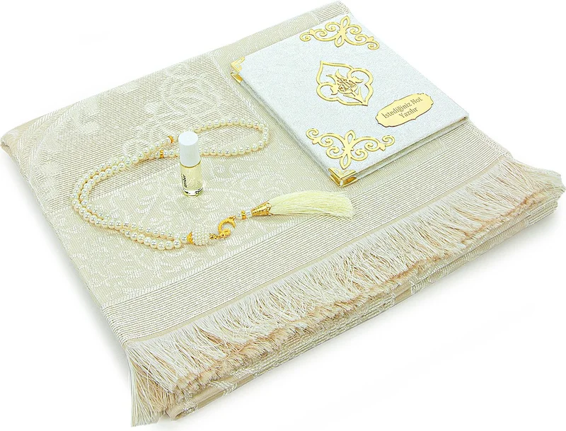 ايهفان اونلاين Gift 4 Piece Mevlid Set Personalized Velvet Covered Yasin, Prayer Rug Set with Prayer Beads - Cream