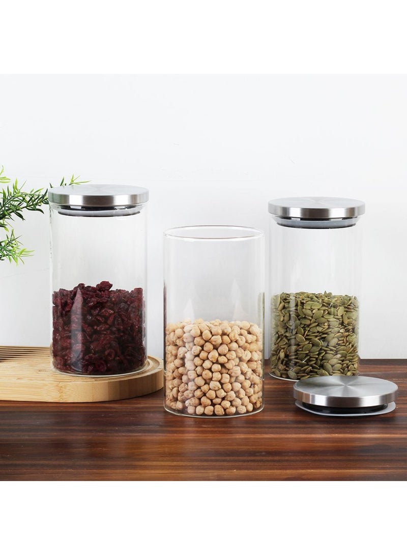 Abaco 3-Piece Glass Storage Jar Set with Airtight Stainless Steel Lids – Clear Kitchen Canisters for Pantry, Tea, Coffee, Sugar, Snacks & Dry Food Organization -1200ml