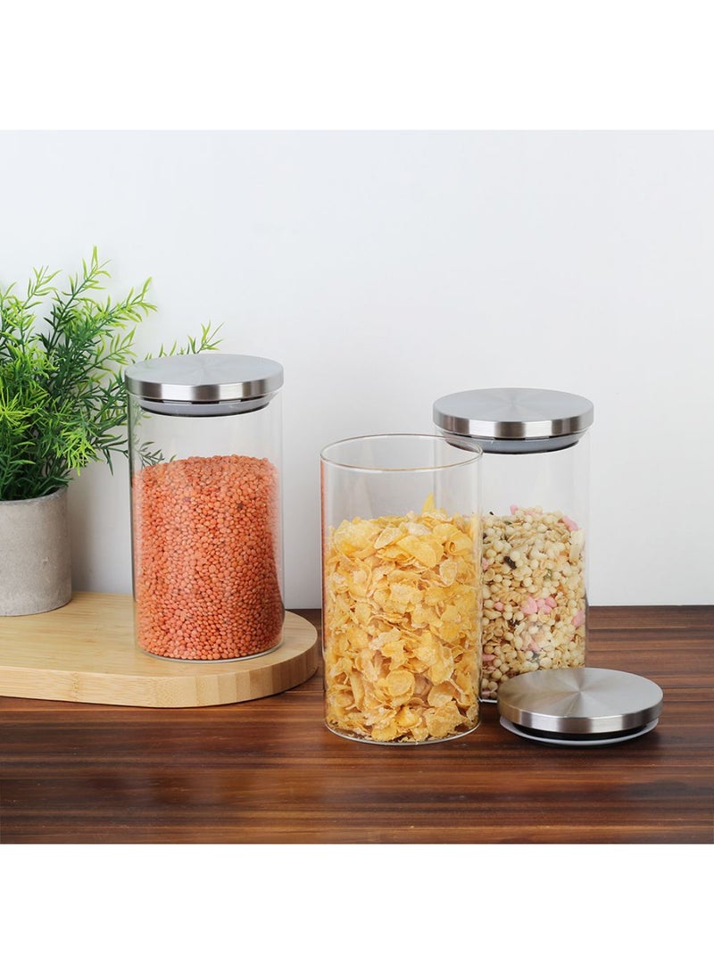 Abaco 3-Piece Glass Storage Jar Set with Airtight Stainless Steel Lids – Clear Kitchen Canisters for Pantry, Tea, Coffee, Sugar, Snacks & Dry Food Organization -1200ml