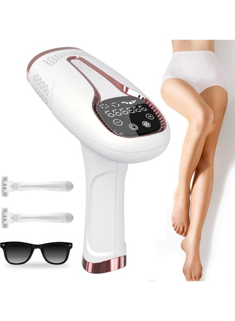 جهاز إزالة الشعر بالليزر النبضي محمول بشاشة تعمل باللمس مع 999999 ومضة و5 مستويات طاقة مناسب للاستخدام على الجسم والوجه والبكيني والساقين للنساء والرجال، أبيض