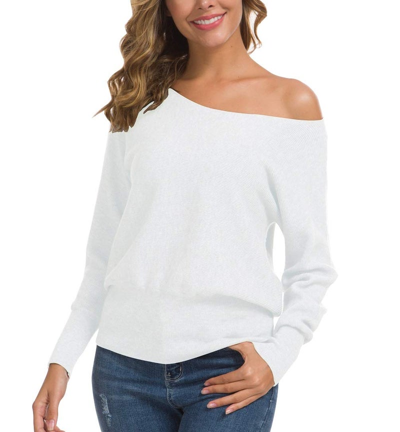 Feiersi Womenâ€™s Casual Long Sleeve Crew Neck Knitted Pullover Sweaters Tops (White,X-Large) - Image 2