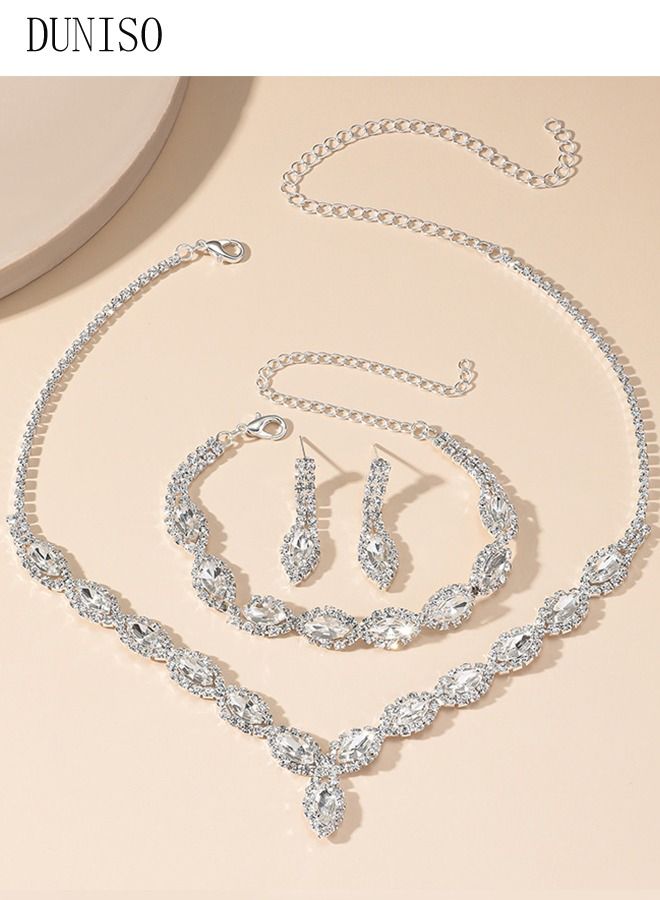 DUNISO 3Piece Necklace Bracelet and Earrings Set Full Diamond Necklace Crystal Earrings Wedding Bridal Bridesmaid Costume Jewelry Set for Women and Girls Dress Accessories  - Image 5