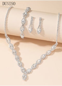 DUNISO 3Piece Necklace Bracelet and Earrings Set Full Diamond Necklace Crystal Earrings Wedding Bridal Bridesmaid Costume Jewelry Set for Women and Girls Dress Accessories  - Image 2