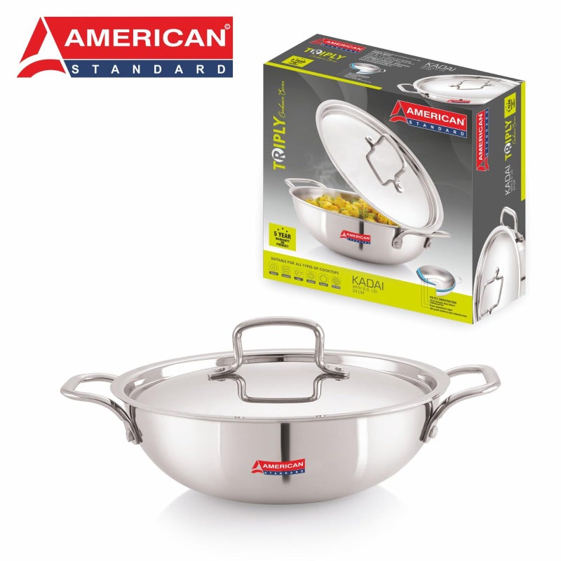 American Standard AMERICANSTANDARD Premium Triply Stainless Steel Extra Deep Kadai with Stainless Steel Lid Available in Sizes from 18CM to 28CM, Silver (Induction and All Gas Stove Friendly) 1.6 LTR (20 CM) - Image 2