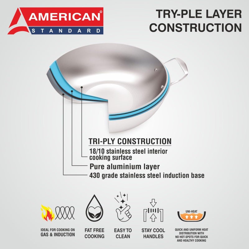American Standard AMERICANSTANDARD Premium Triply Stainless Steel Extra Deep Kadai with Stainless Steel Lid Available in Sizes from 18CM to 28CM, Silver (Induction and All Gas Stove Friendly) 1.6 LTR (20 CM) - Image 3