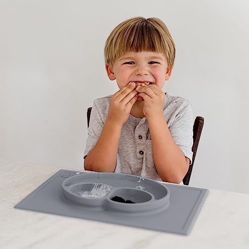 ezpz Happy Mat - 100% Food Grade Silicone Suction Plate with Built-in Placemat for Toddlers Smile Design Plates Promotes Baby Led Weaning - Divided Plate - Microwave & Oven Safe - 24months+ (Grey) - Image 2