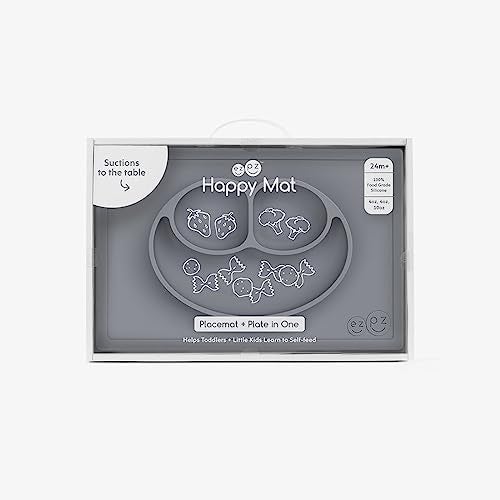 ezpz Happy Mat - 100% Food Grade Silicone Suction Plate with Built-in Placemat for Toddlers Smile Design Plates Promotes Baby Led Weaning - Divided Plate - Microwave & Oven Safe - 24months+ (Grey) - Image 5