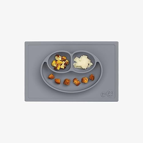 ezpz Happy Mat - 100% Food Grade Silicone Suction Plate with Built-in Placemat for Toddlers Smile Design Plates Promotes Baby Led Weaning - Divided Plate - Microwave & Oven Safe - 24months+ (Grey) - Image 4
