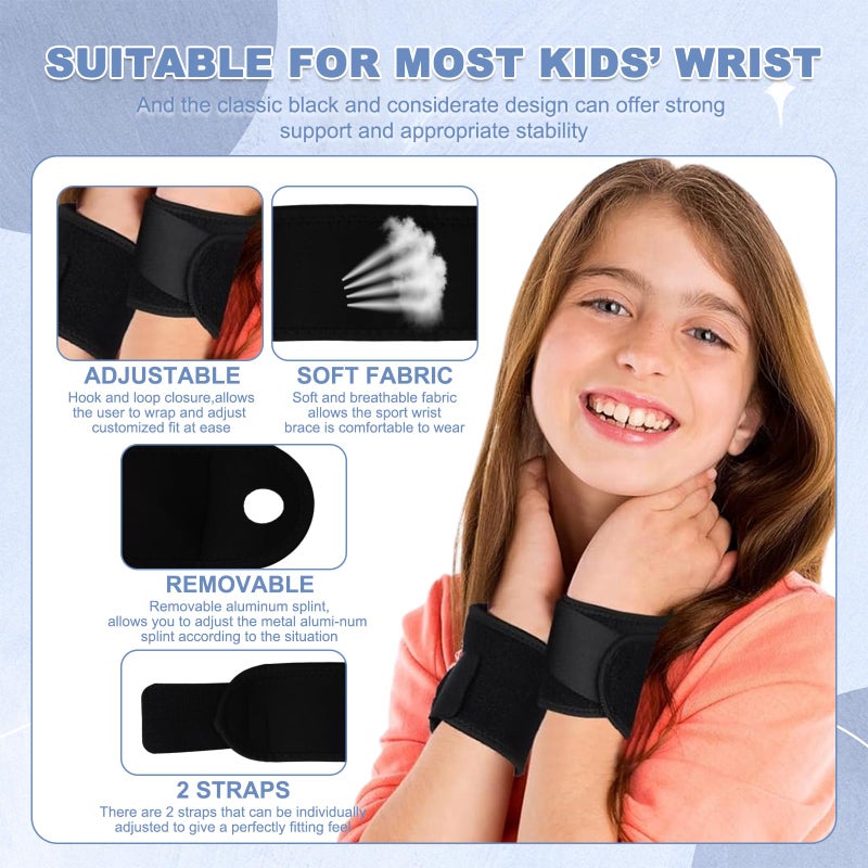 PKRFCJ Kids Wrist Brace 4 Pairs Youth Wrist Brace Night Support with Adjustable Compression Straps for Children is Sports, Sleeping (Black*2+Pink*1+Gray*1) - Image 3
