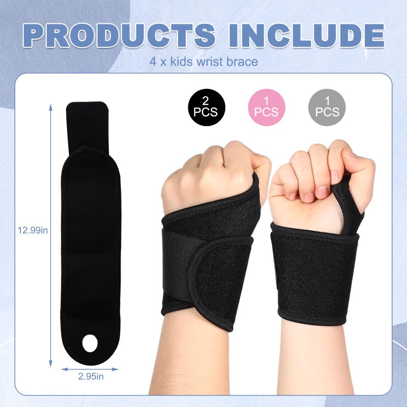 PKRFCJ Kids Wrist Brace 4 Pairs Youth Wrist Brace Night Support with Adjustable Compression Straps for Children is Sports, Sleeping (Black*2+Pink*1+Gray*1) - Image 2