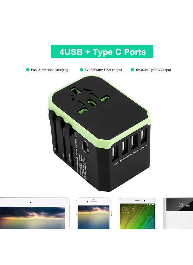 Thoraya 2000W Universal Power Adapter US/AU/EU/UK Plug 4USB+Type C World Travel Adapter - Black & Green  - Image 3