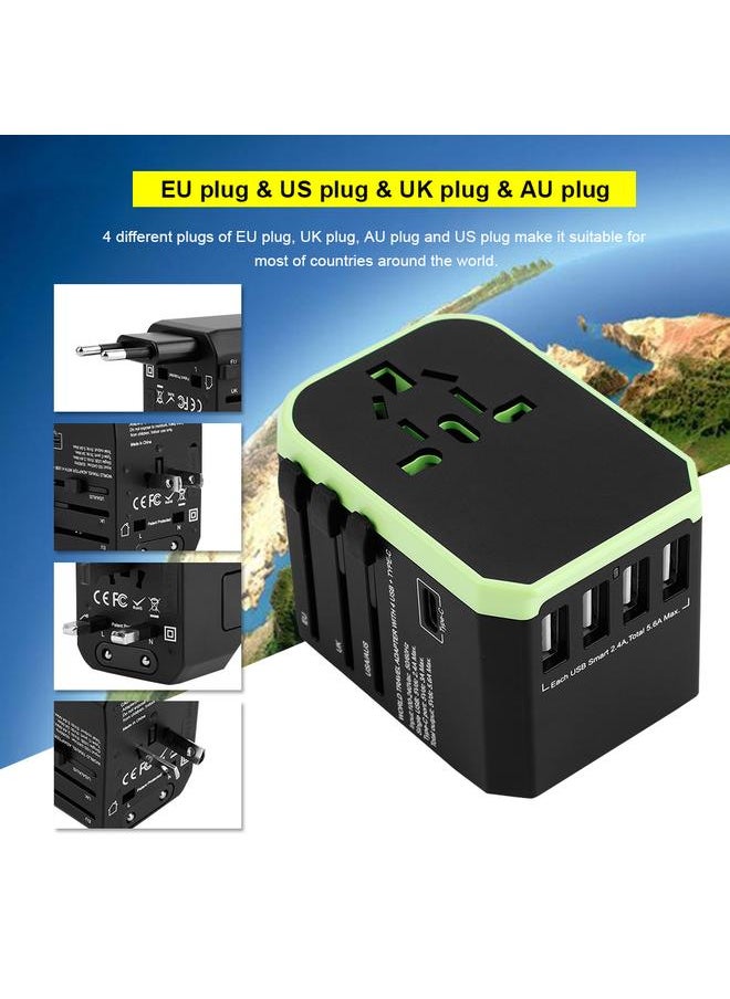 Thoraya 2000W Universal Power Adapter US/AU/EU/UK Plug 4USB+Type C World Travel Adapter - Black & Green  - Image 2