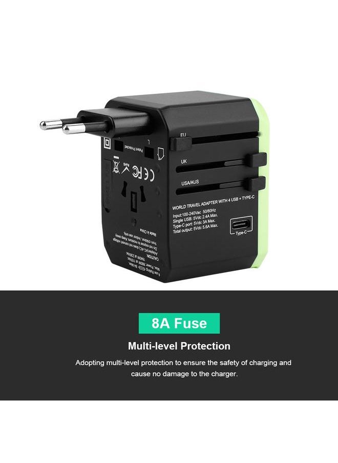 Thoraya 2000W Universal Power Adapter US/AU/EU/UK Plug 4USB+Type C World Travel Adapter - Black & Green  - Image 4