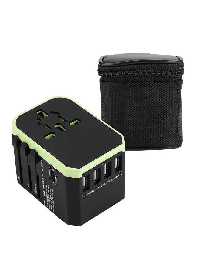 Thoraya 2000W Universal Power Adapter US/AU/EU/UK Plug 4USB+Type C World Travel Adapter - Black & Green  - Image 1