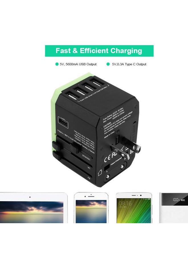 Thoraya 2000W Universal Power Adapter US/AU/EU/UK Plug 4USB+Type C World Travel Adapter - Black & Green  - Image 5