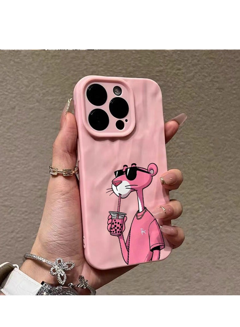 NIBEMINENT Drink Milk Tea Pink Panther Protective TPU Case Cover For IPhone 16 Pro Max, Pink