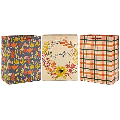 Hallmark 13 Large Fall Gift Bag Bundle 3 Bags Orange and Tan Plaid Leaves Grateful Wreath for Thanksgiving Friendsgiving Bosss Day Clergy Appreciation Grandparents Day - Image 1