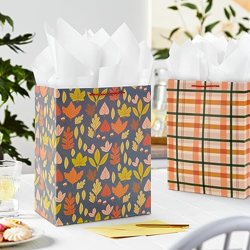Hallmark 13 Large Fall Gift Bag Bundle 3 Bags Orange and Tan Plaid Leaves Grateful Wreath for Thanksgiving Friendsgiving Bosss Day Clergy Appreciation Grandparents Day - Image 3