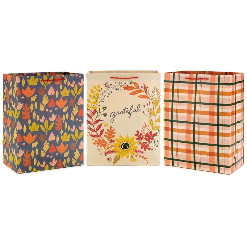 Hallmark 13 Large Fall Gift Bag Bundle 3 Bags Orange and Tan Plaid Leaves Grateful Wreath for Thanksgiving Friendsgiving Bosss Day Clergy Appreciation Grandparents Day - Image 2