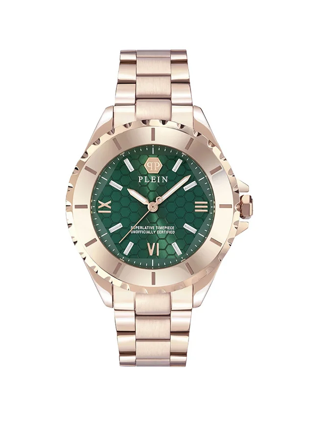 فيليب بلين PLEIN HEAVEN Women's Watch with Emerald Green Honeycomb Dial by Philipp Plein, Gold-Tone Bezel, Roman Numerals, and Stainless Steel Bracelet - 38mm 3-Hand Quartz Timepiece