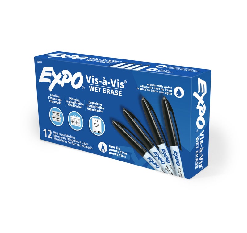 EXPO Visa Vis Wet Erase Markers, Fine Point, Black, 12-Pack, Ideal for Classroom and Homeschool Use - Image 1