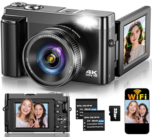 TEFTYMON 4K Digital Camera for Photography Autofocus Upgraded 64MP WiFi Vlogging Camera for YouTube with 3 180 Flip Screen 16X Zoom Compact Travel Cameras for Beginners with 32GB Card 2 Batteries Black
