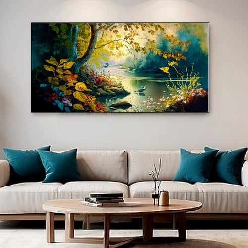 DEKORSTATION Vintage Landscape Forest Painting with Lake Plants|Canvas Art Wall Painting for Living Room, Bedroom, Office, Hotels, Drawing Room Decoration|12x24 inch Canvas Painting - Image 4