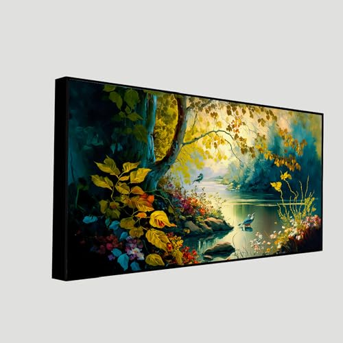 DEKORSTATION Vintage Landscape Forest Painting with Lake Plants|Canvas Art Wall Painting for Living Room, Bedroom, Office, Hotels, Drawing Room Decoration|12x24 inch Canvas Painting - Image 3