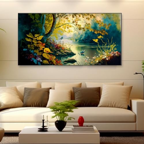 DEKORSTATION Vintage Landscape Forest Painting with Lake Plants|Canvas Art Wall Painting for Living Room, Bedroom, Office, Hotels, Drawing Room Decoration|12x24 inch Canvas Painting - Image 1