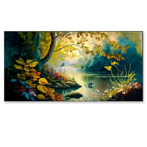DEKORSTATION Vintage Landscape Forest Painting with Lake Plants|Canvas Art Wall Painting for Living Room, Bedroom, Office, Hotels, Drawing Room Decoration|12x24 inch Canvas Painting - Image 2