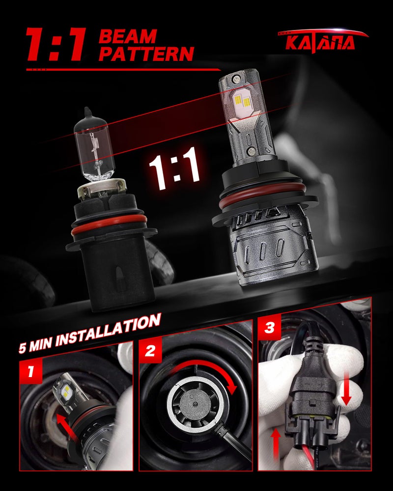 Katana 9007/HB5 Bulbs, 6500K White 400% Brightness High/Low Beam Plug and Play Mini Size Fog Light Bulb of 2 - Image 4