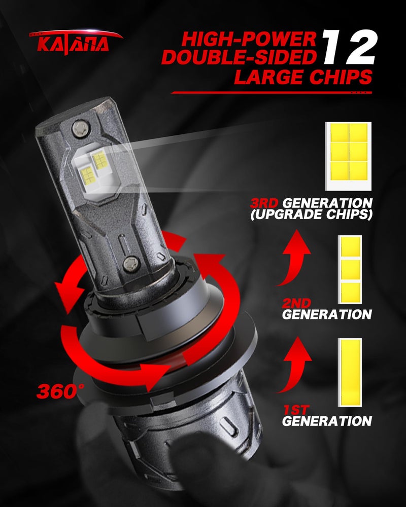 Katana 9007/HB5 Bulbs, 6500K White 400% Brightness High/Low Beam Plug and Play Mini Size Fog Light Bulb of 2 - Image 3