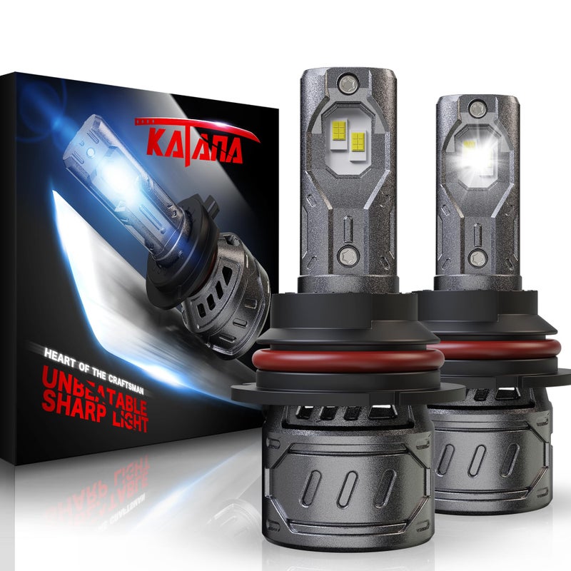 Katana 9007/HB5 Bulbs, 6500K White 400% Brightness High/Low Beam Plug and Play Mini Size Fog Light Bulb of 2 - Image 1