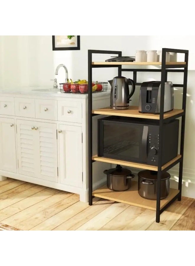 Multi-purpose stand, black steel frame, wooden shelves