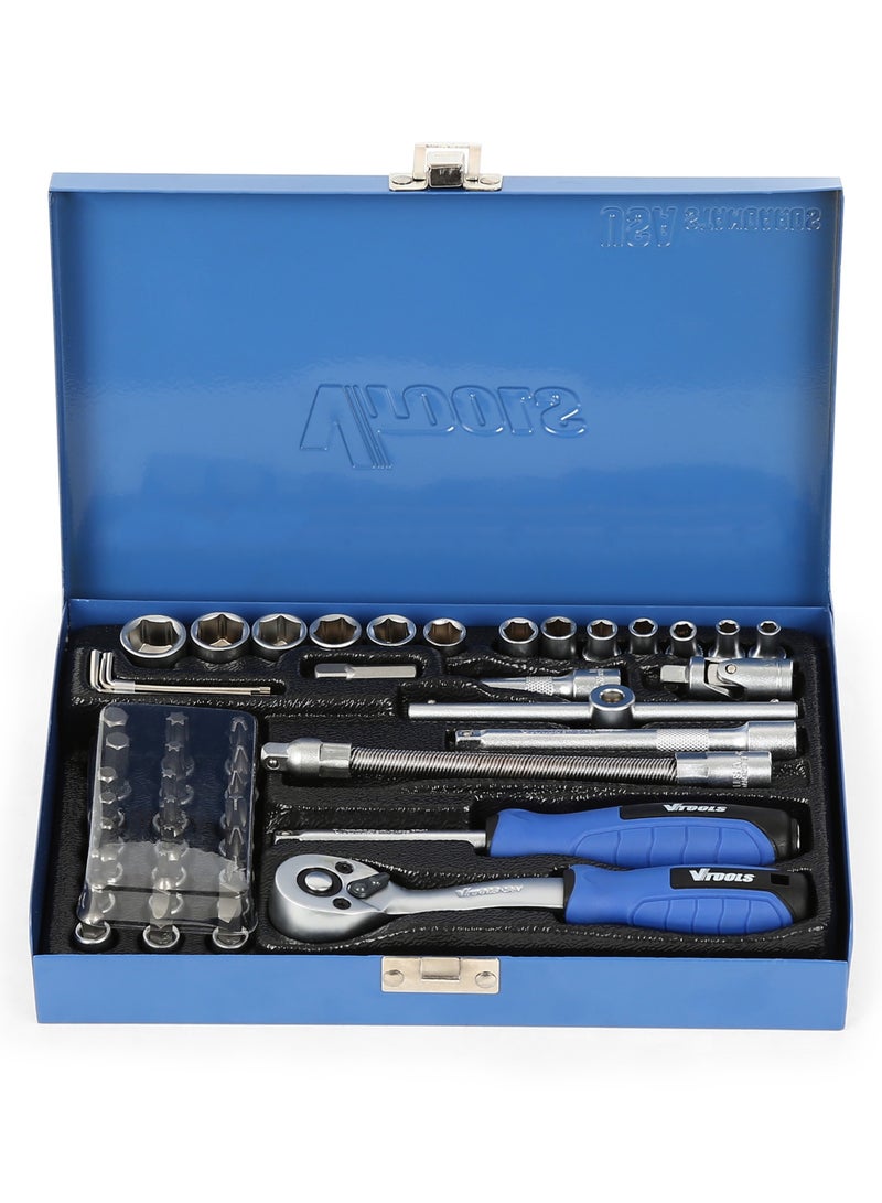 VTOOLS 46-Piece 1/4 Drive Ratchet and Socket Set With Metal Case, Heavy-Duty Mechanic Tool Set, Blue - Image 2