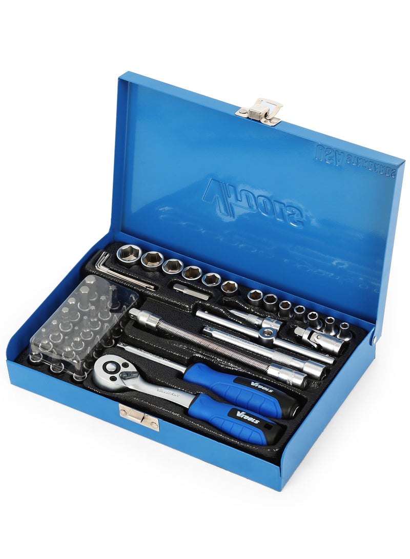 VTOOLS 46-Piece 1/4 Drive Ratchet and Socket Set With Metal Case, Heavy-Duty Mechanic Tool Set, Blue - Image 3